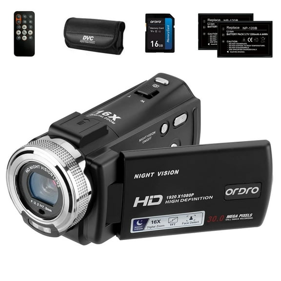 ORDRO Camcorders HDV-V12 1080P Video Camera Infrared Night Vision 3.0'' LCD Screen +16G SD Card