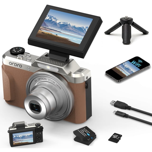 ORDRO Digital Camera 4K 64MP Vlogging Camera for YouTube 2.8''180°Flip Screen 6X Optical Zoom Flash Light Video Cameras