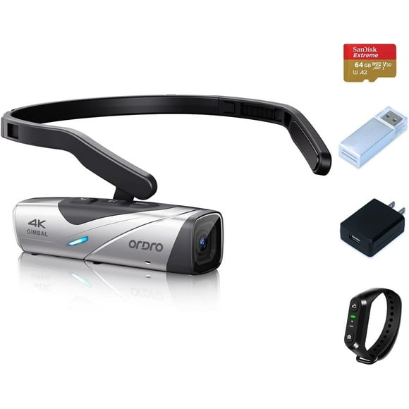 ORDRO EP8 4K Head-Mounted Video Camera Ultra HD 4K 60FPS Camcorder Vlog Hands Free Wearable Camera Wi-Fi APP Auto Focus with Remote Control 64G Micro SD Card,Silver