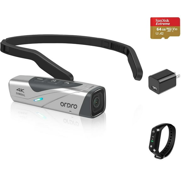 ORDRO EP8 4K Head-Mounted Video Camera Ultra HD 4K 60FPS Camcorder Vlog Hands Free Wearable Camera Wi-Fi APP Auto Focus with Remote Control 64G Micro SD Card,Silver