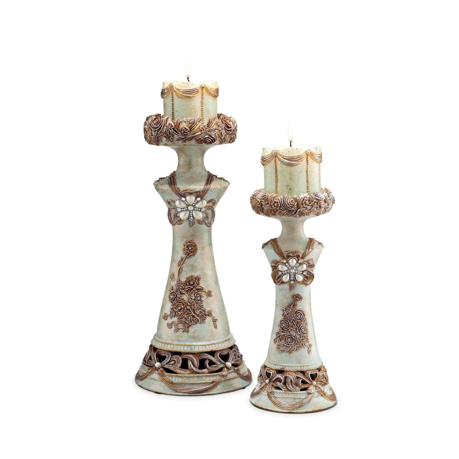 Vintage Rose Gold and Bronze Floral Candleholders, Set of 2
