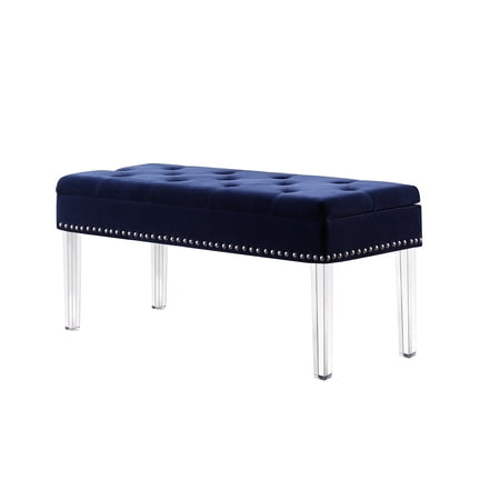 ORE International 18" Tall Storage Bench Nailhead Trim w/ Acrylic Clear Legs, Navy-Blue Tufted