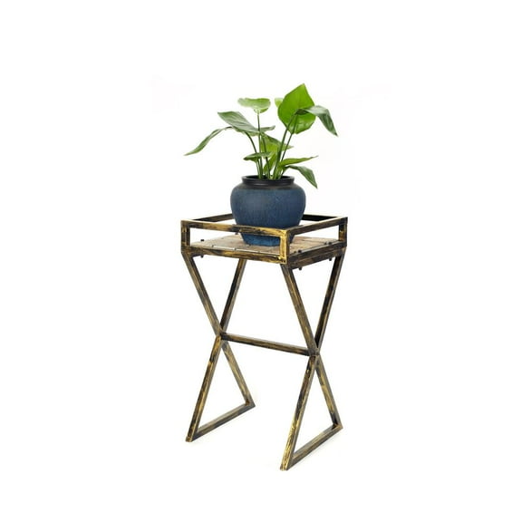 ORE International 27" Tall Gray Stone Slab Black and Gold Metal Plant Stand