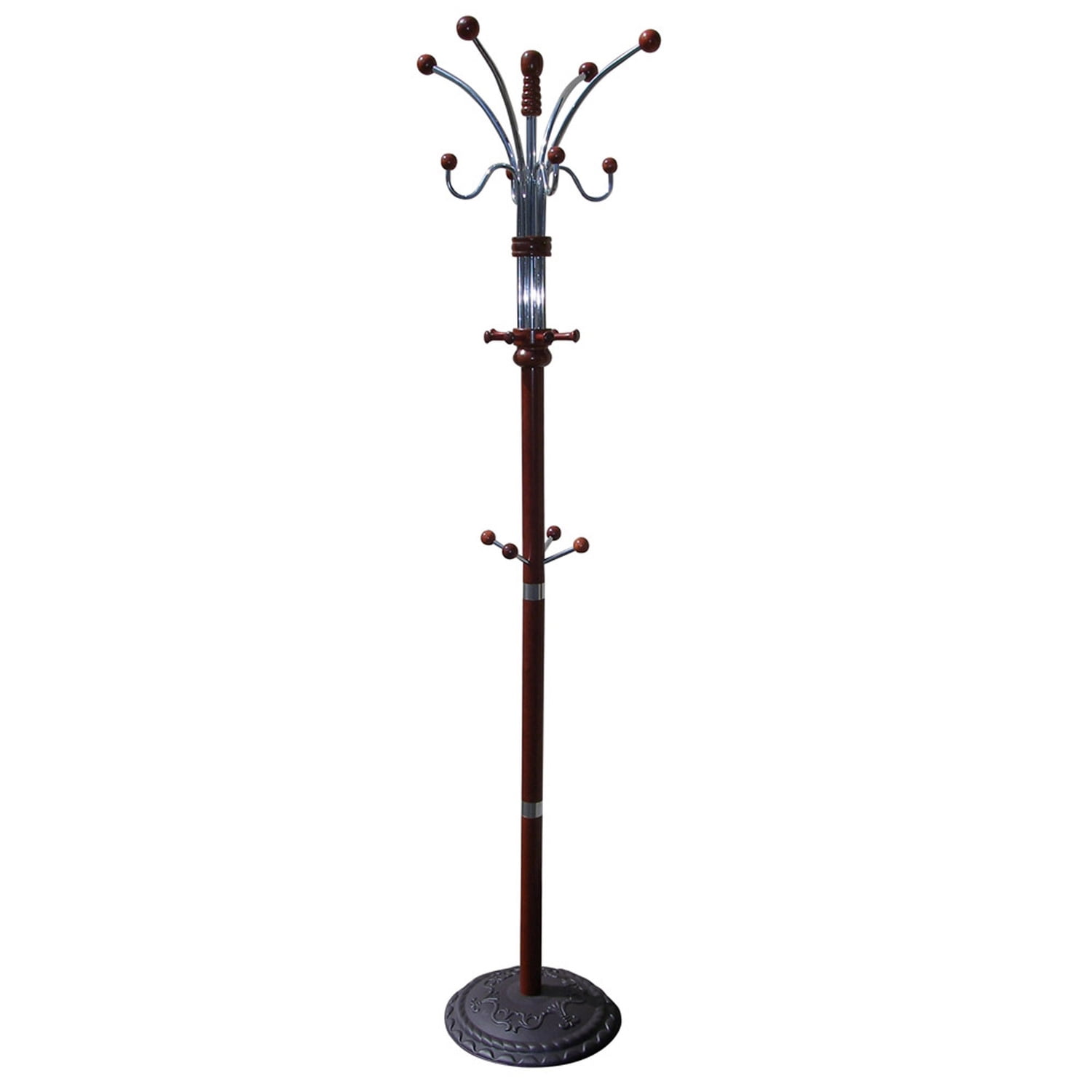 Cherry and Chrome 73" Tall Wooden Coat Rack with 12 Hooks
