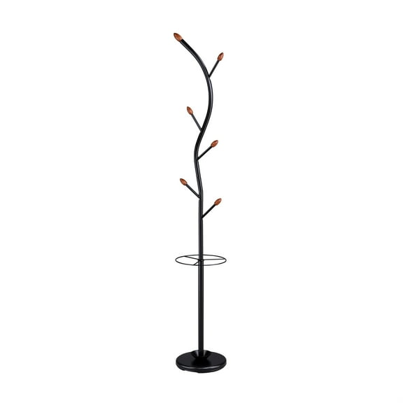 ORE International 76-Inch-Long Billie Black Tree Coat Rack Walnut Hooks w/ Umbrella Stand