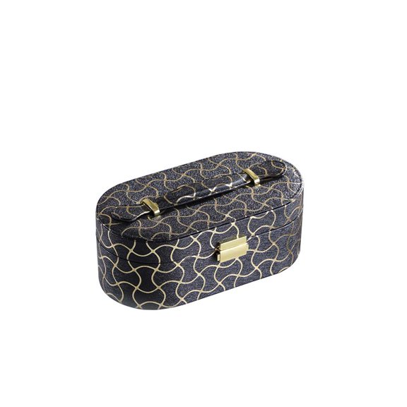 9.5" Long Leather Jewelry Organizer Case with Mirror, Gold Swirl Pattern, Black