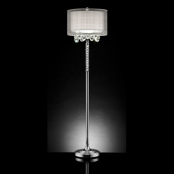 62.5" Tall Metal Floor Lamp "Moiselle" with Silver finish and Crystal Accents, Silvery Shade