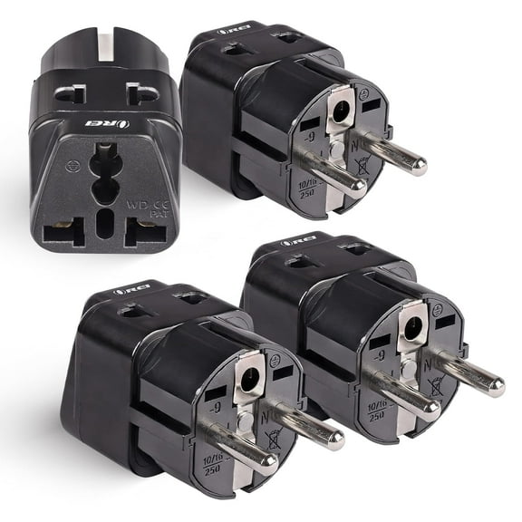 OREI 2 in 1 USA to Europe Adapter Plug (Schuko, Type E/F) - 4 Pack, Black