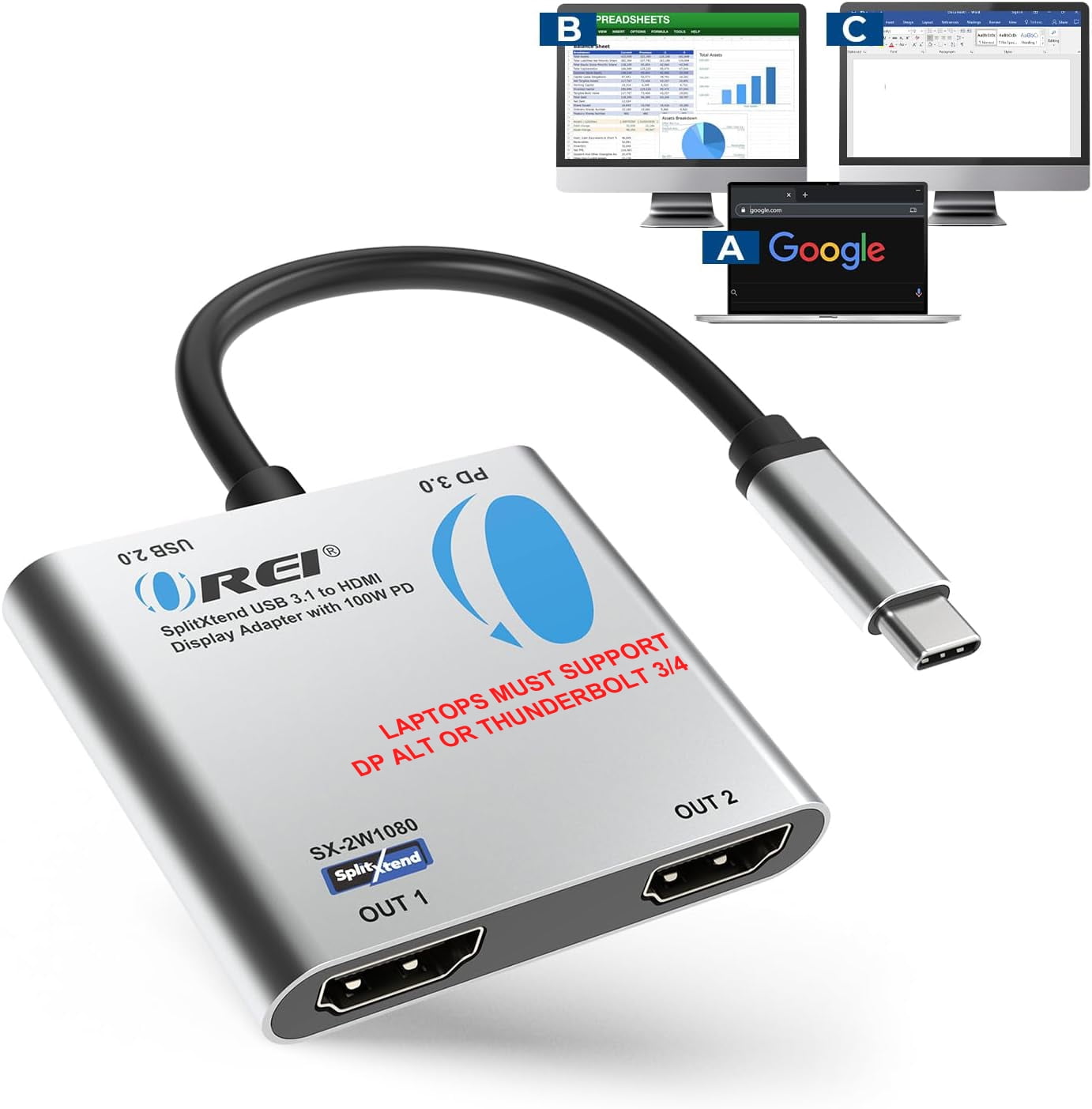 OREI SplitExtend HDMI Splitter Extended Display for Windows Only Dual ...