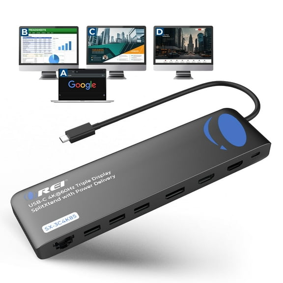 OREI SplitXtend Docking Hub with USB-C input, USB-A, Ethernet, DP, Power delivery up to 85 Watt and up to 3 Extended Displays (SX-3C4K85)