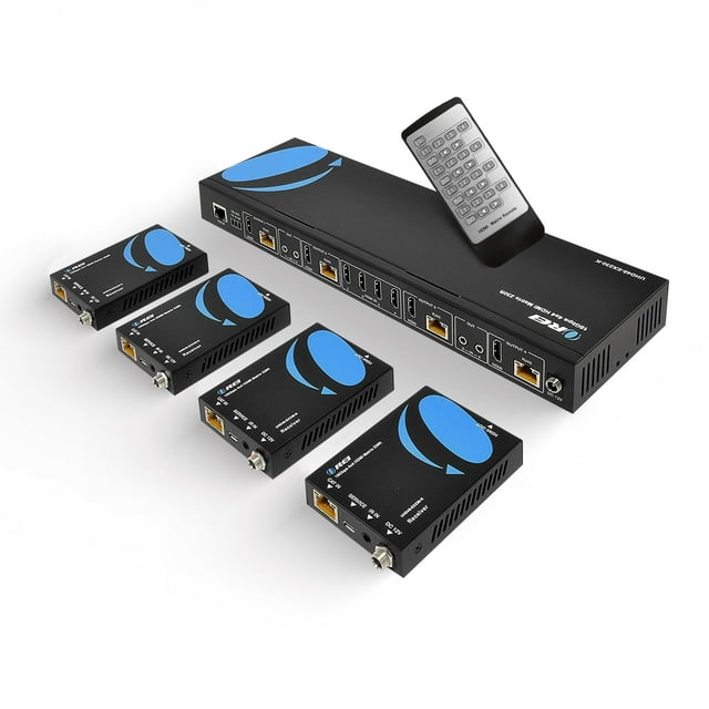 OREI UHD48-EX230-K 4K 4x4 HDMI Extender Matrix Over Single CAT5e/6/7 Cable with HDR Switcher & IR Control, RS-232 - Up to 230 Ft - 1080P Downscale - 4 x Loop Out - 4 Receivers Included
