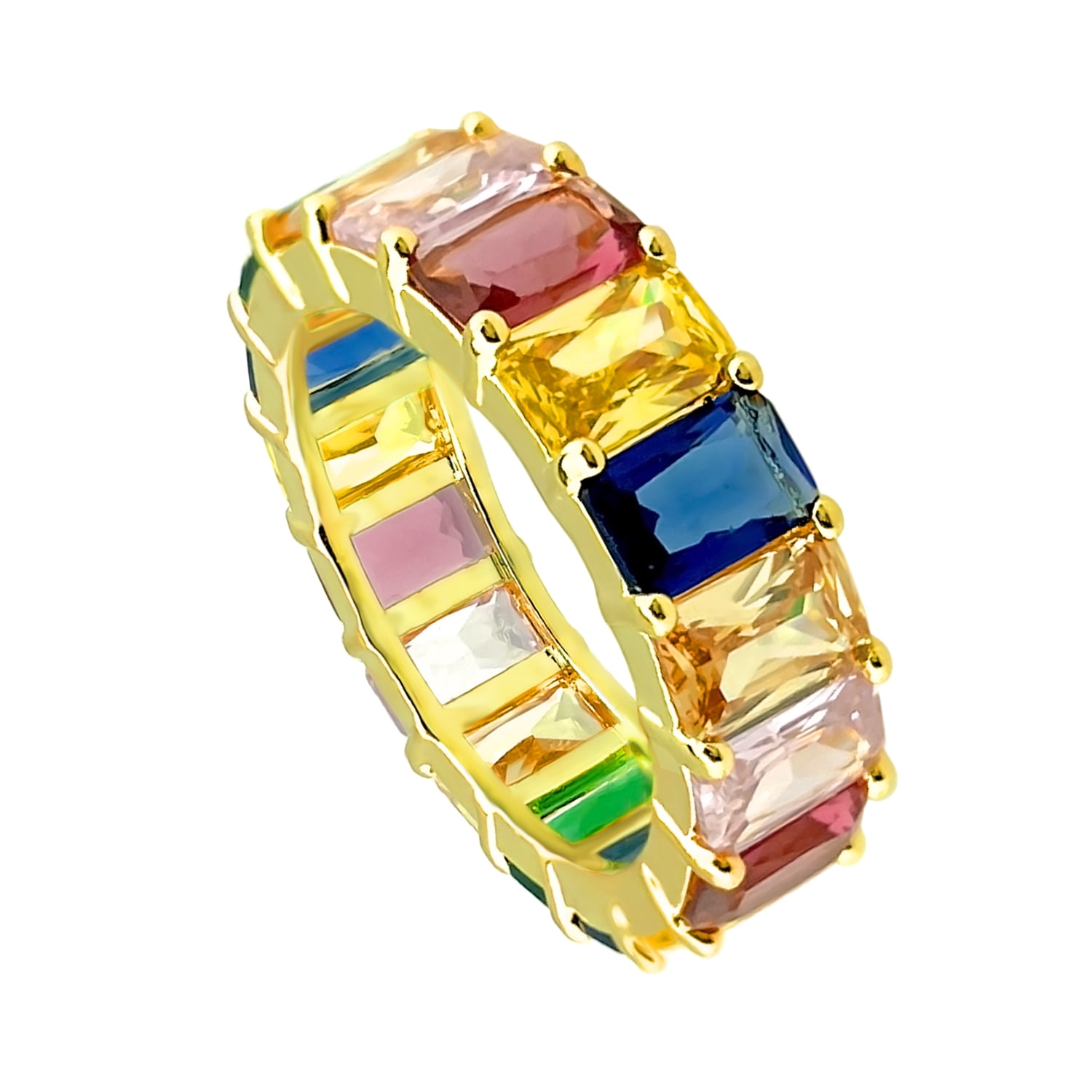 AFFY Eternity Rainbow Ring - 18K Gold Plated, Emerald-Cut Multi-Color Gemstones, Stackable Band, Size 7