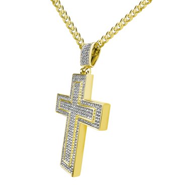 Pure Luxe Jewelry Mens Stainless Steel Jesus Cross Pendant With 20" Gold Plated Cuban Curb Chain