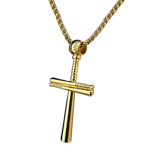 ORENTINI 3.5mm 18K Gold Plated Baseball Bat Cross Pendant and Chain for Men, Woman. 24" in Length Lobster Clasp