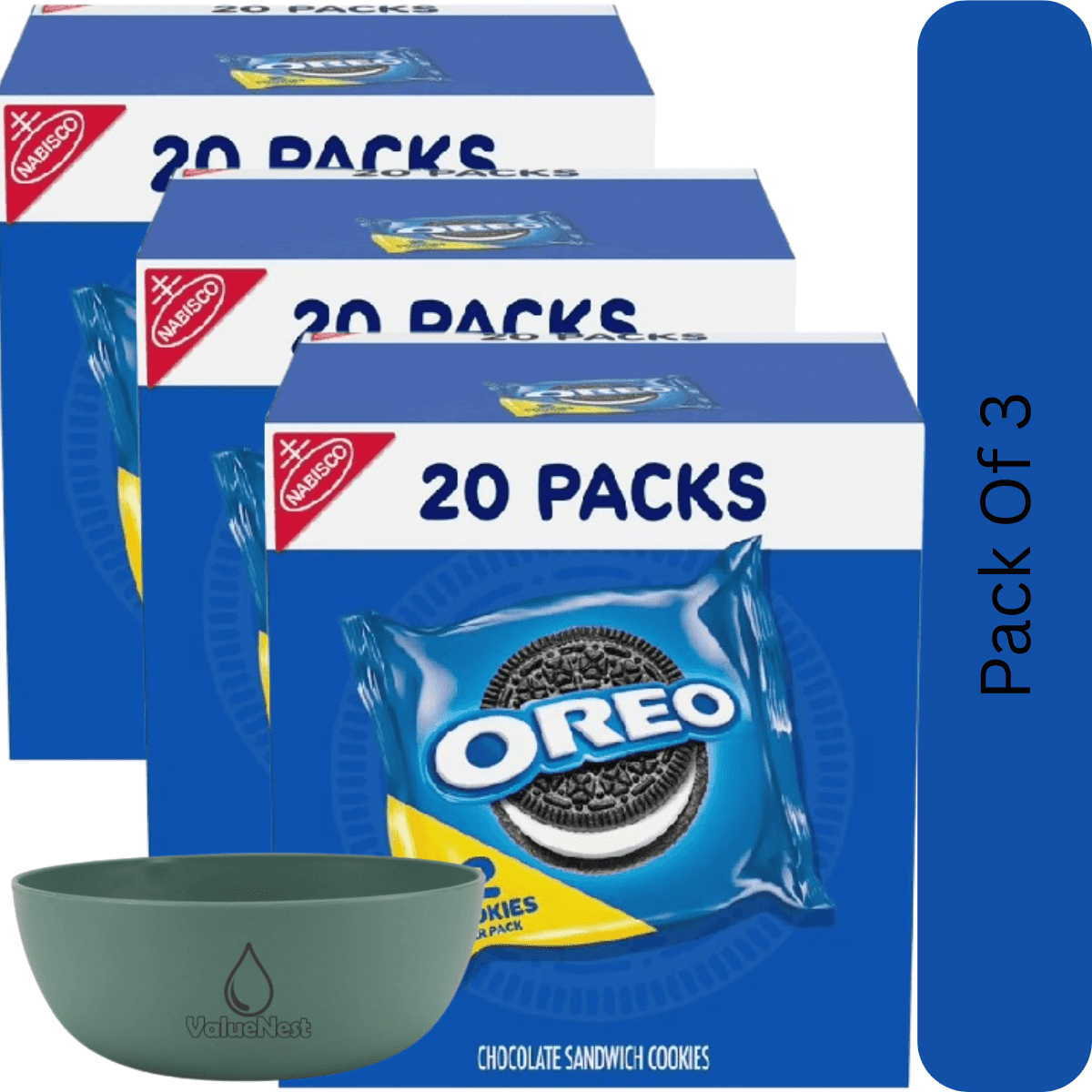 OREO Chocolate Sandwich Cookies, 20 Individual Snack Packs (2 Cookies Each)-3pk, With Olive Green Bowl By ValueNest