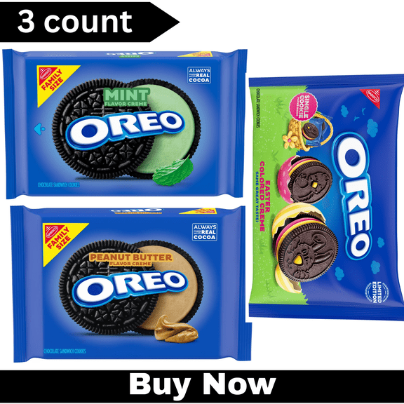 OREO Cookie Variety Pack Mint Creme, Peanut Butter Creme & Easter Colored Creme Sandwich Cookies, Family Size, 3 Pack