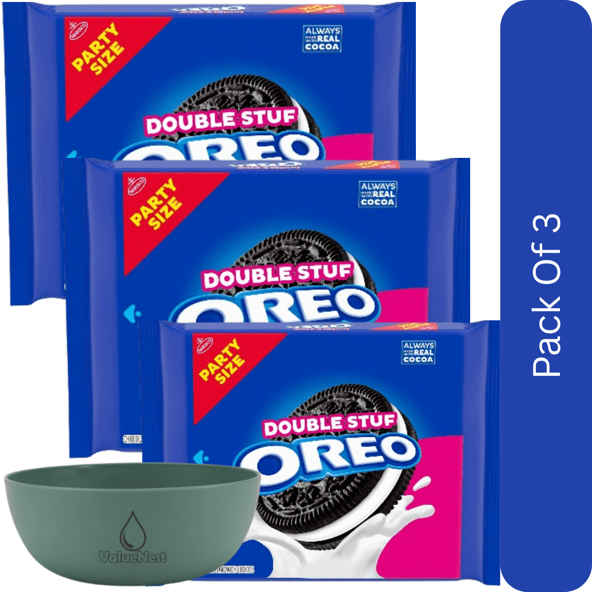 OREO Double Stuf Chocolate Creme Sandwich Cookies, Party Size 24.95 oz, Snack Cookies With Olive Green Bowl By ValueNest