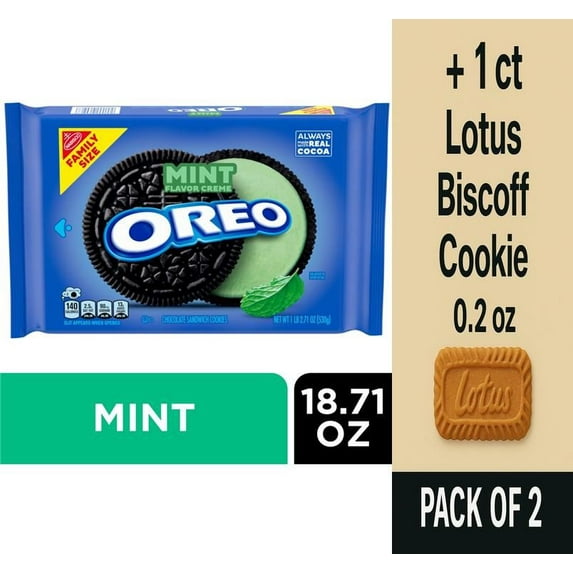 OREO Mint Creme Chocolate Sandwich Cookies Family Size 18.71 oz - Pack of 2 & Lotus Biscoff Cookie - 0.2 Oz - 1 ct