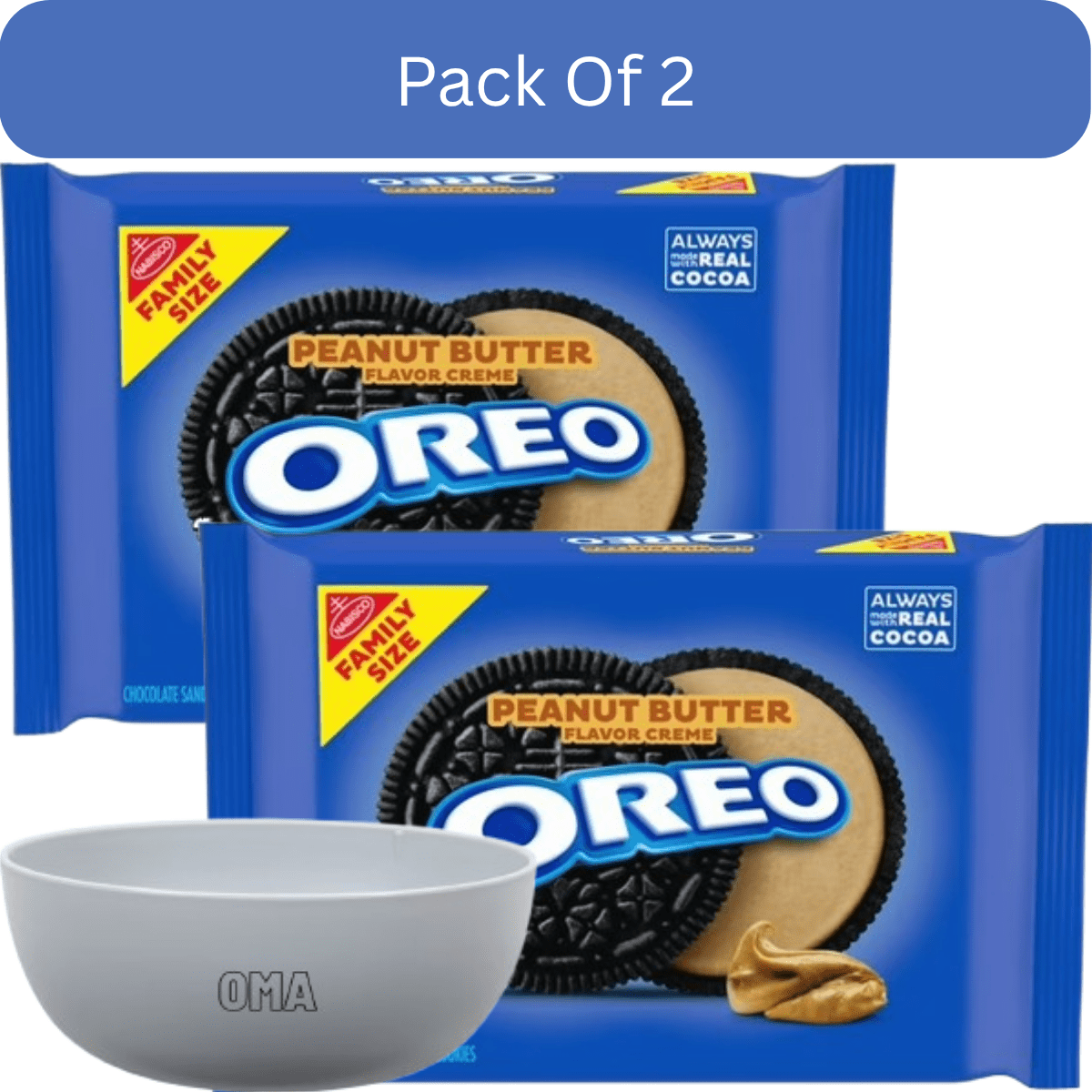 OREO Peanut Butter Creme Chocolate Sandwich Cookies, Family Size – 17 oz-2pk, With White Bowl By OMA