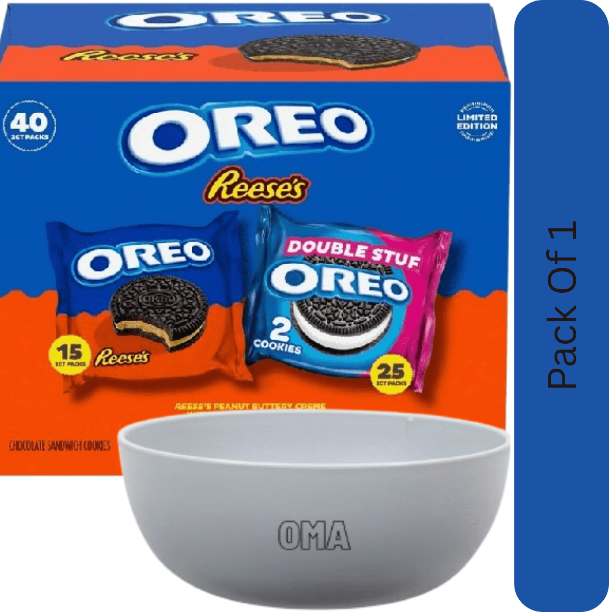 OREO REESE'S Peanut Buttery Creme & OREO Double Stuf Cookies Variety Pack, 1.02 oz, 40 Pack With White Bowl By OMA
