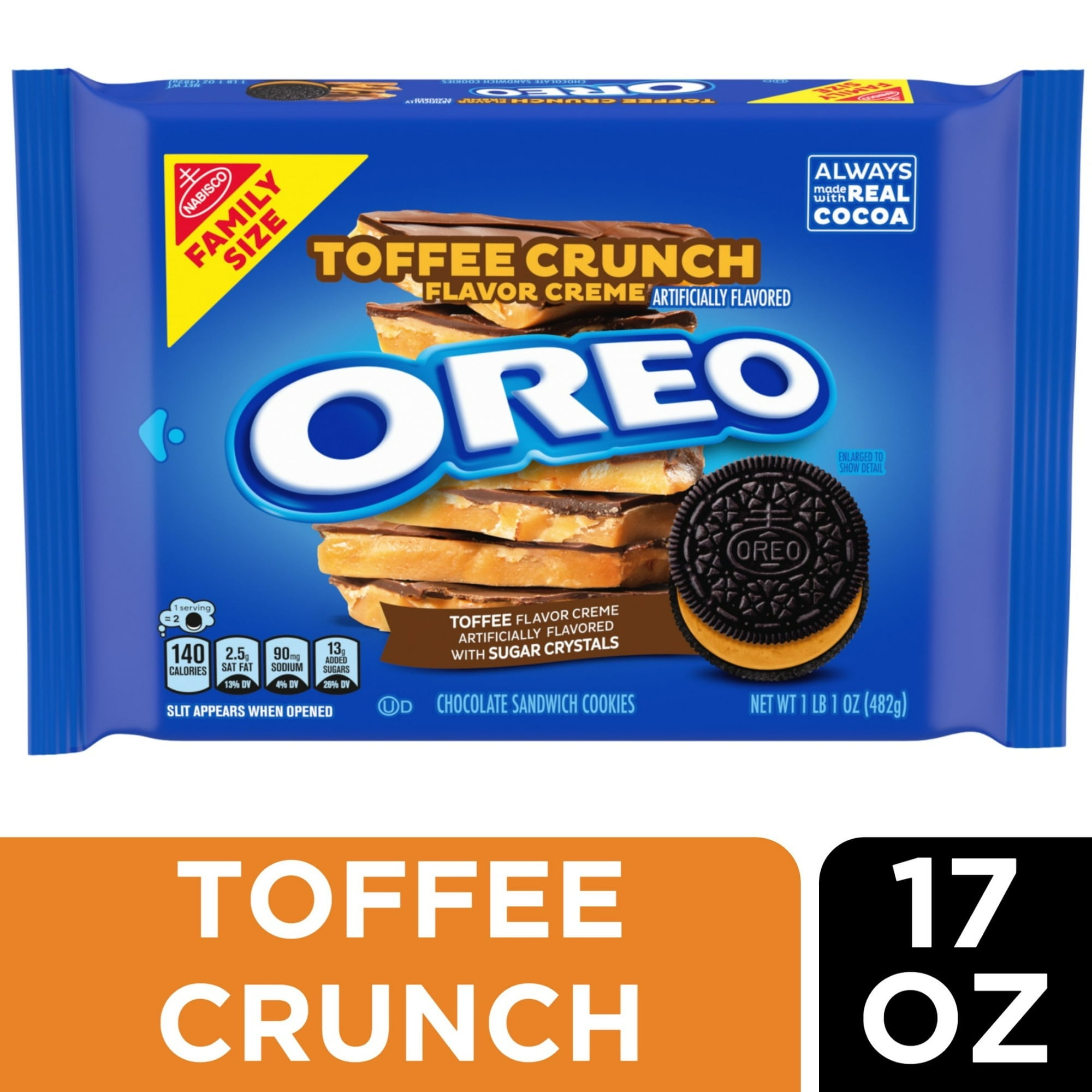 OREO Toffee Crunch Creme with Sugar Crystals Chocolate Sandwich Cookies, Family Size, 17 oz (Pack of 6)