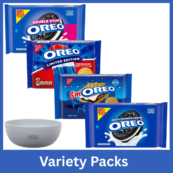 OREO Variety Pack Chocolate Sandwich Cookies Family Size 18.12 oz, Double Stuf Chocolate Sandwich Cookies 18.71 oz, Firecracker Pop Cookies 11.46 oz & SmOREO Cookies 10.68 oz with Bowl by OMA