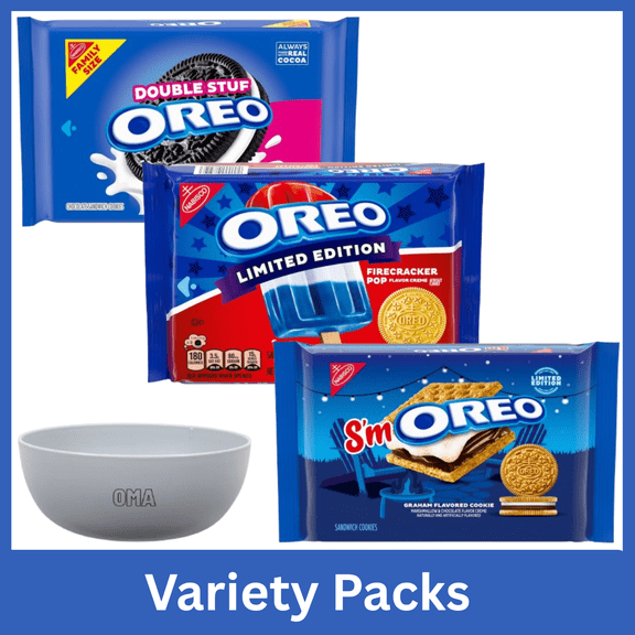 OREO Variety Pack Double Stuf Chocolate Sandwich Cookies Family Size 18.71 oz, OREO SmOREO Cookies 10.68 oz & OREO Firecracker Pop Cookies 11.46 oz with Bowl by OMA
