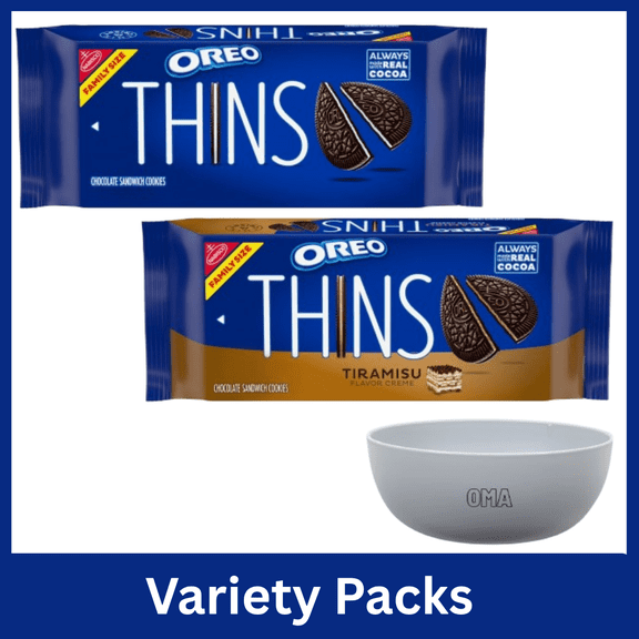 OREO Variety Pack Thins Chocolate Sandwich Cookies 11.78 oz & Thins Tiramisu Creme Chocolate Sandwich Cookies 11.78 oz with Bowl by OMA