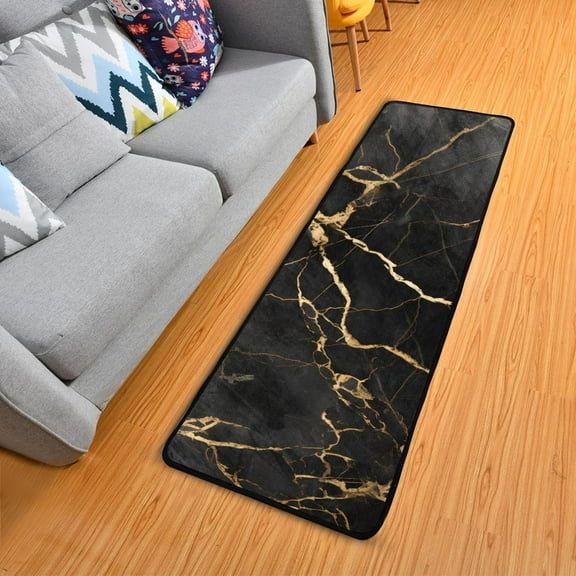 OREZI Hallway Runner Rug 2' X 6' Luxury Black Gold Marble Area Rug Non-Slip Entryway Carpet Soft Washable Door Mat Kitchen Bedroom Living Room