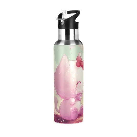 OREZI Stainless Steel Water Bottle Cute Cat with Bow 20oz/600ml Double Wall Vacuum Insulation Leakproof for Sports Travel
