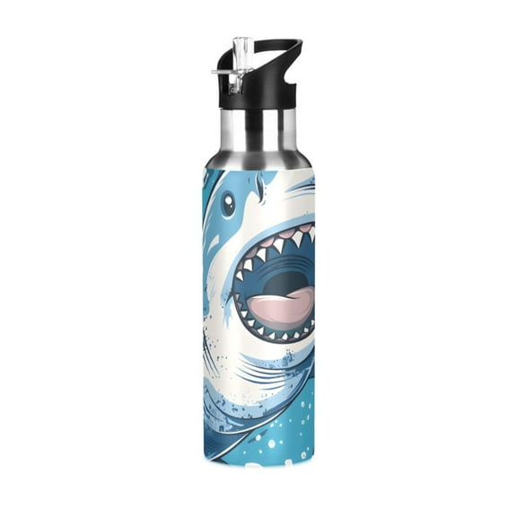 OREZI Stainless Steel Water Bottle Hand Drawn Cartoon Shark 20oz/600ml Double Wall Vacuum Insulation Leakproof for Sports Travel