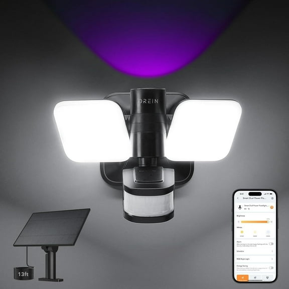 OREiN Wired and Solar Hybrid LED Smart Motion Sensor Light Outdoor Flood Lights with RGB Uplight Bluetooth APP Solar Motion Lights Outdoor Waterproof IP65 for Yard Garage Gate