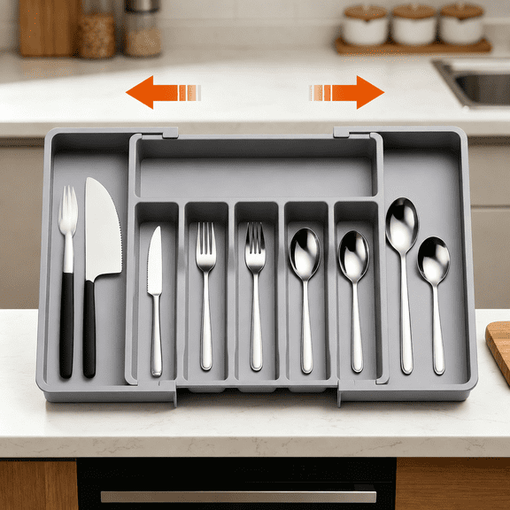 ORFELD Extendable Utensil Tray for Drawer,Multipurpose Kitchen Organizers and Storage SolutionAdjustable BPA-Free Cutlery Holder for Spoons, Forks, Grey