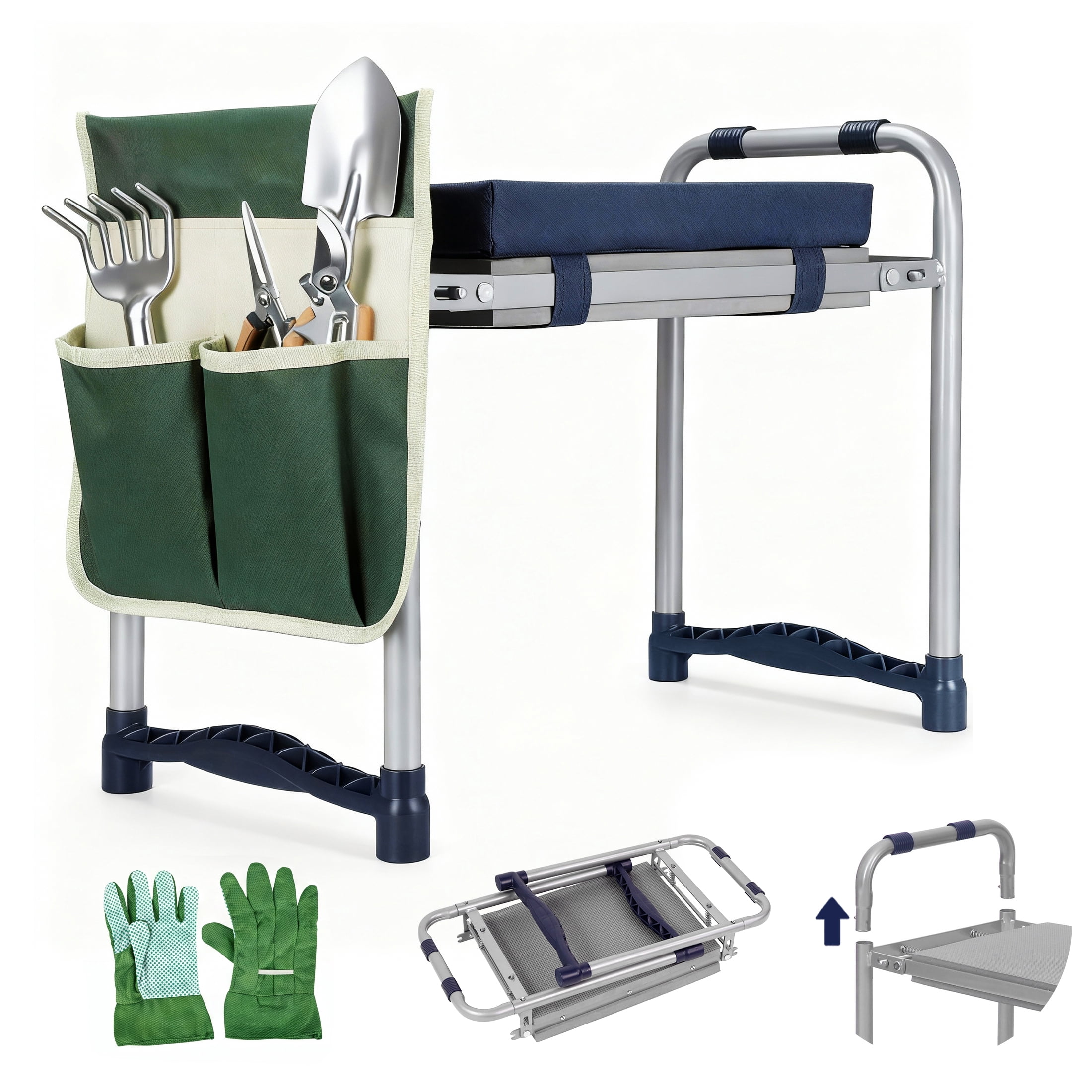 ORFELD 2-in-1 Garden Kneeler and Seat, Equipped with a Large Garden Tool Bag and a Pair of Claw Gloves,Portable Lightweight Bench Thicken Eva Foam Pad Sturdy Steel Pipe Practical Garden Tools(Green)