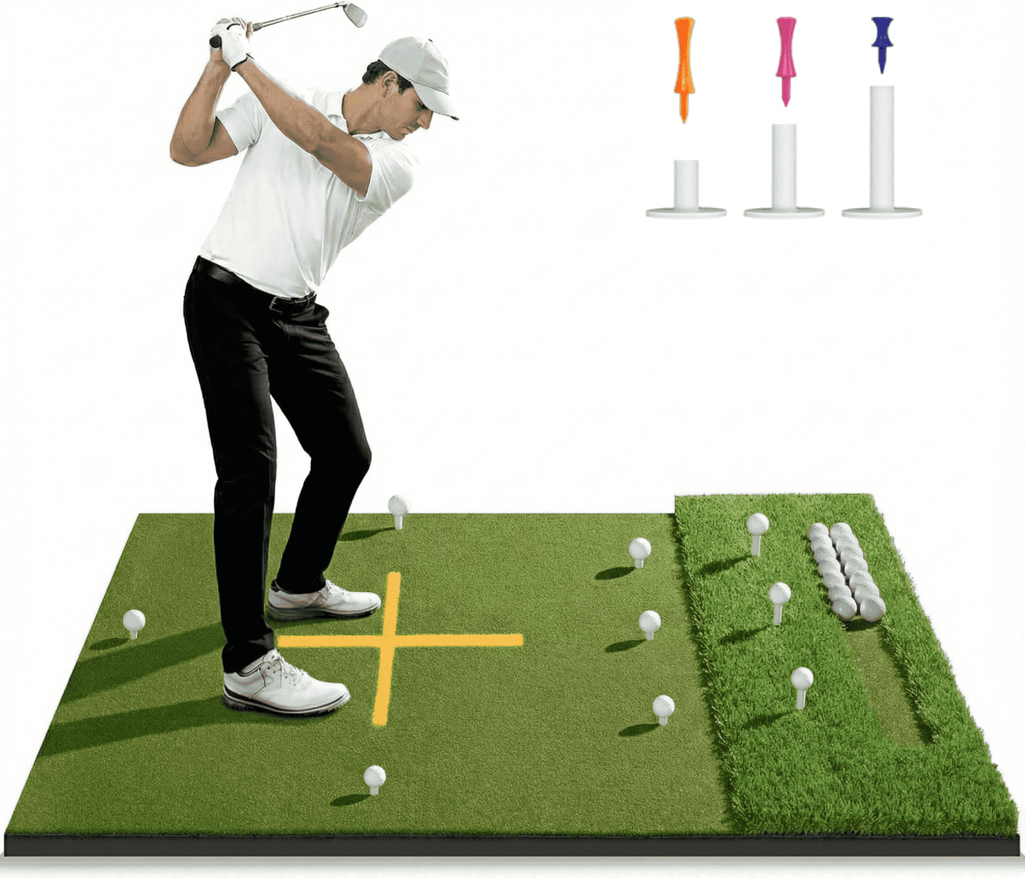 ORFELD 6x4ft Golf Hitting Mat with 9 Hitting Holes, Dual Turf Golf Putting Mat with Ball Tray, Alignment Aid Practice Mat Putting Green for Indoor & Outdoor
