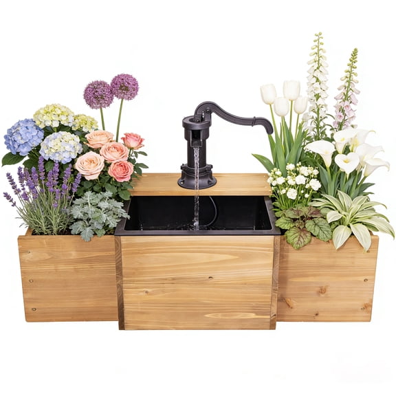 ORFELD Floor Wooden Rectangular Pump Old-Fashioned Fountain with Flower Box, Outdoor Water Fountain,garden bed with Electric Decorative Hand Pump, Outdoor Water Feature for Garden Patio Backyard