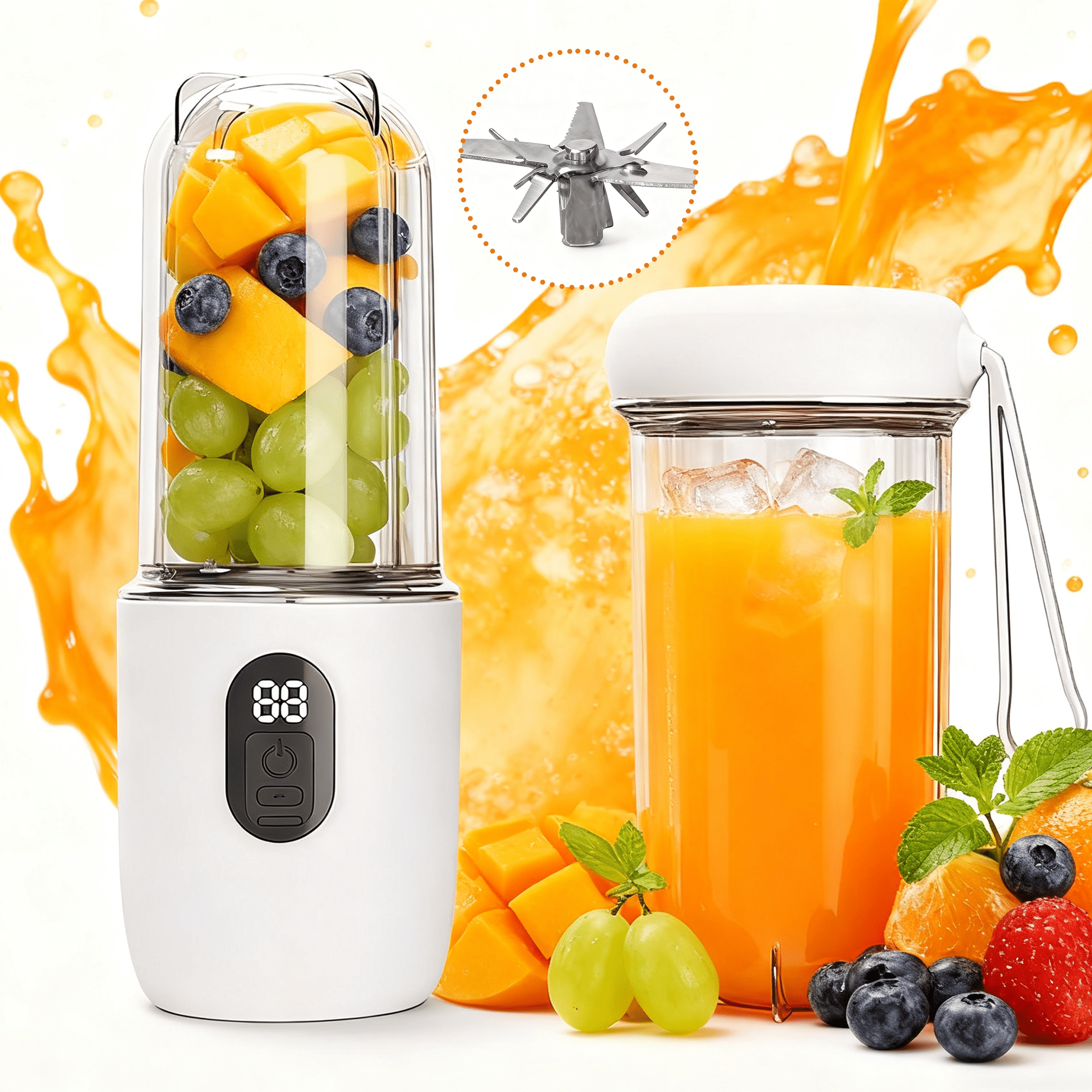 ORFELD Batidora Portátil con 16 Cuchillas Duraderas de Acero Inoxidable, Batidora y Batidora Pequeña Inalámbrica de 17 Oz (500 Ml), Uso con Carga Completa 6-8 Veces, Blanco