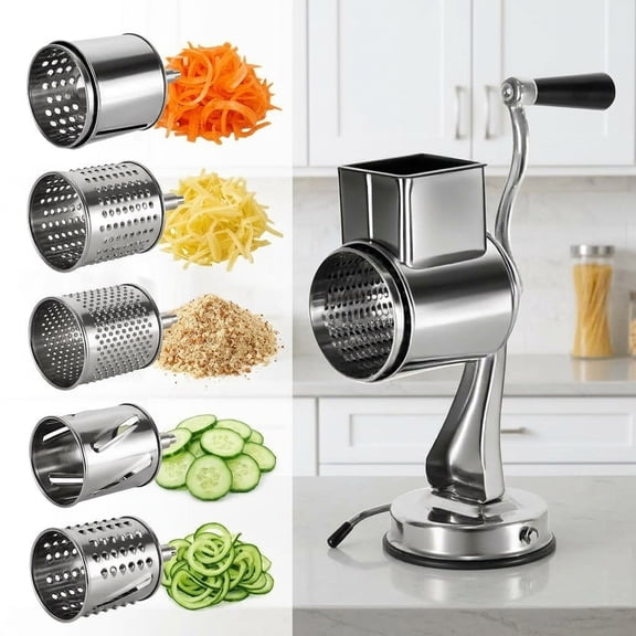 ORFELD Rotary Cheese Grater with Handle - Vegetable Shredder with 5 Well-designed Blades & Strong Suction Base,Round Mandoline Slicer & Food Chopper for Kitchen