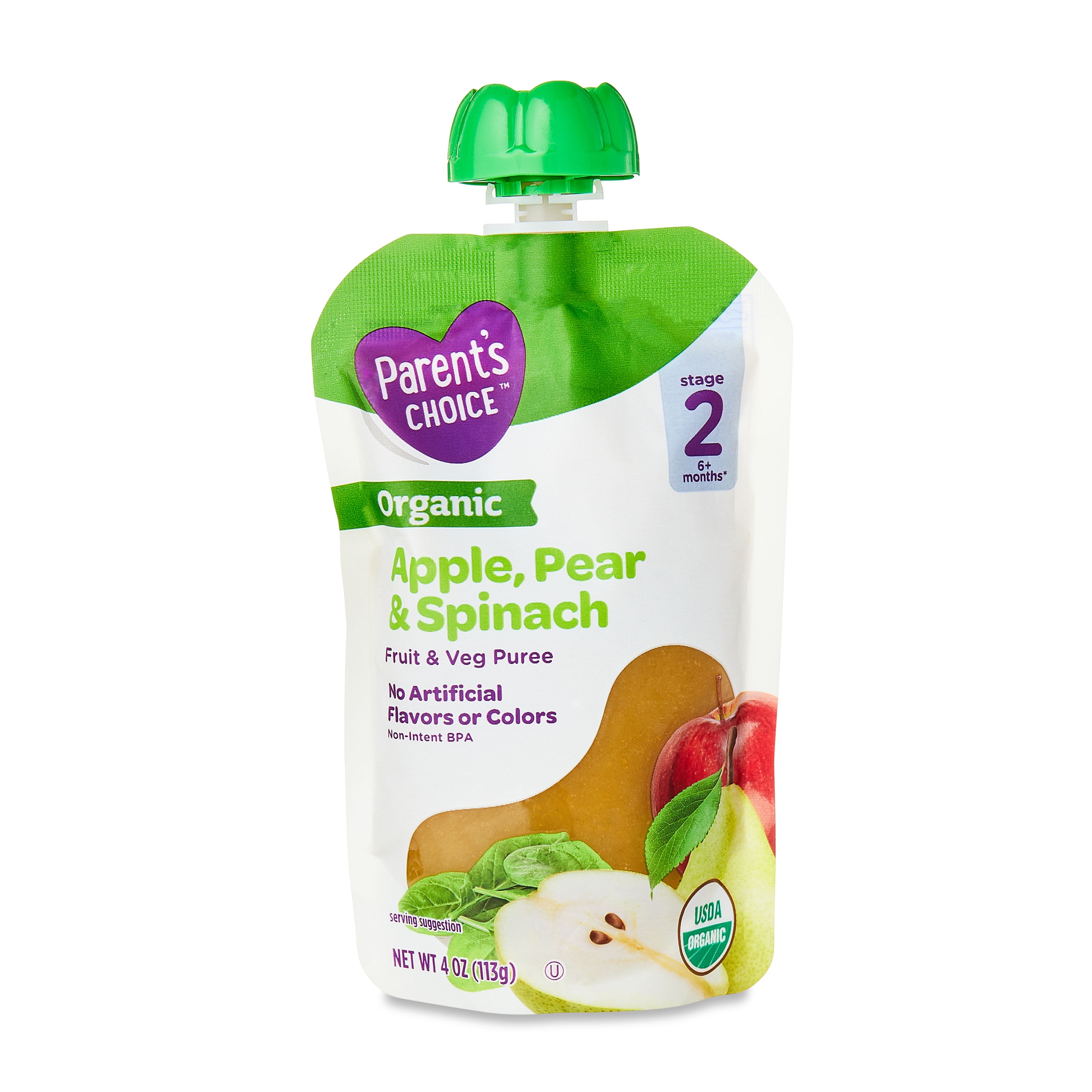 Parent's Choice Organic Stage 2 Baby Food Apple Pear Spinach, 4 oz Pouch