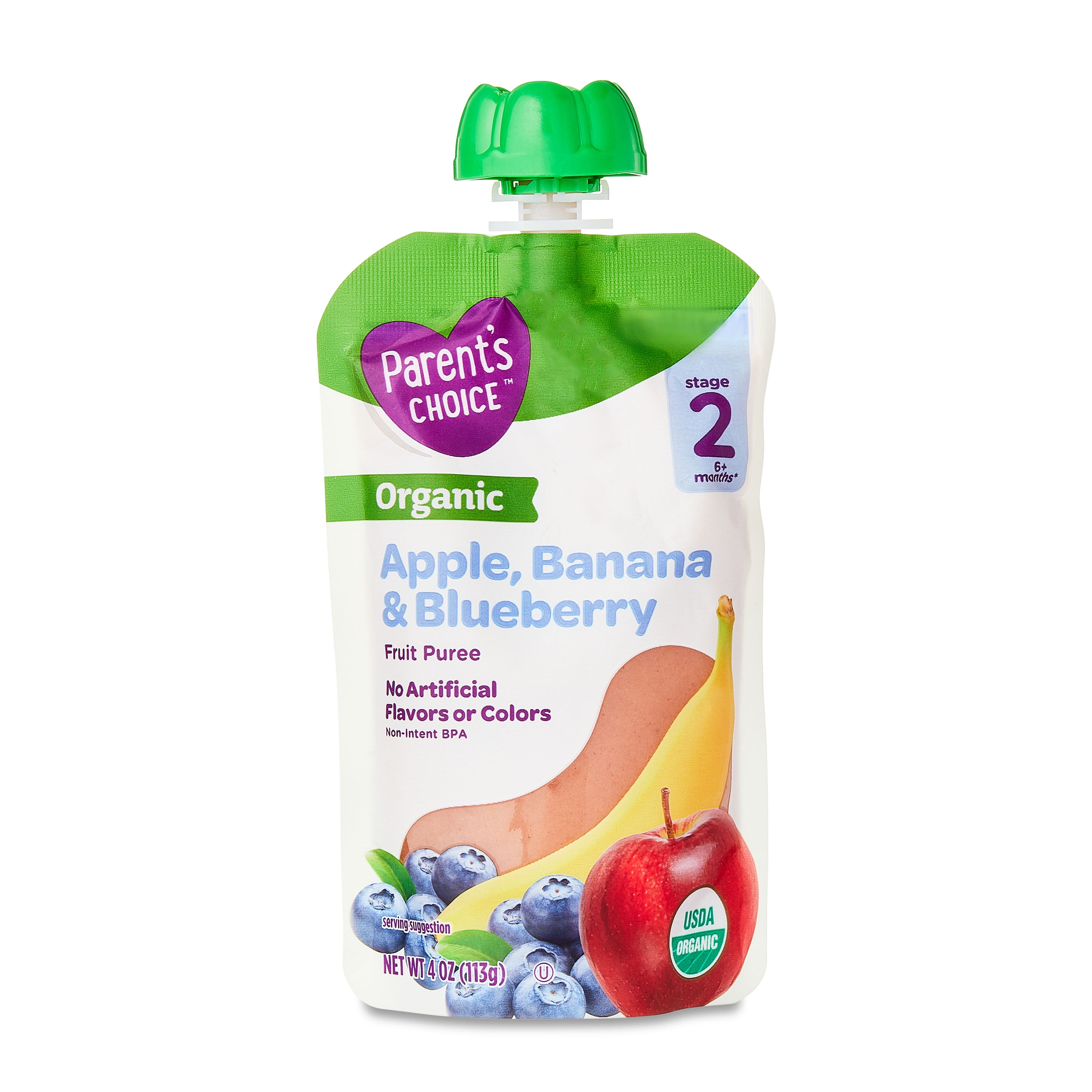 Parent's Choice Organic Stage 2 Baby Food Apple, Banana, and Blueberry Puree, 4 oz Pouch