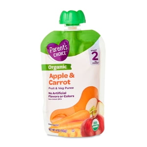 Comida para bebé etapa 2 orgánica de Parent's Choice, puré de manzana y zanahoria, bolsa de 4 oz