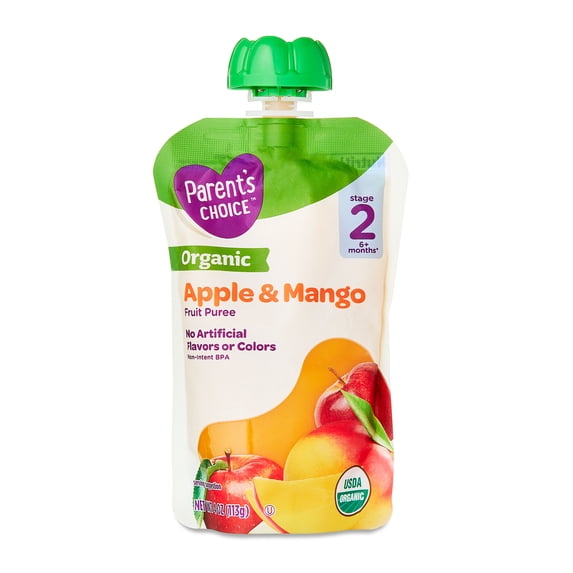 Parent's Choice Organic Stage 2 Baby Food Apple and Mango Puree, 4 oz Pouch
