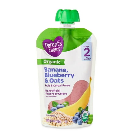 Parent's Choice Organic Stage 2 Baby Food, Banana, Blueberry, and Oats Puree, 4 oz Pouch