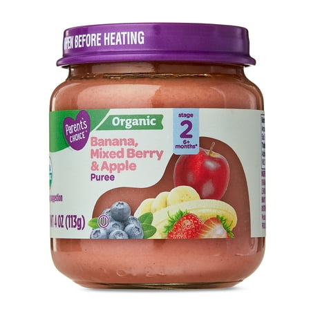 Parent's Choice Organic Stage 2 Baby Food, Banana, Mixed Berry, and Apple Puree, 4 oz Jar
