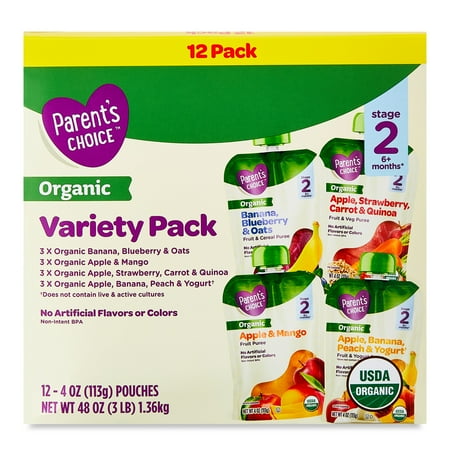 Parent's Choice Organic Variety Pack Baby Food, Stage 2, 4 oz Pouches, (12 Pack)