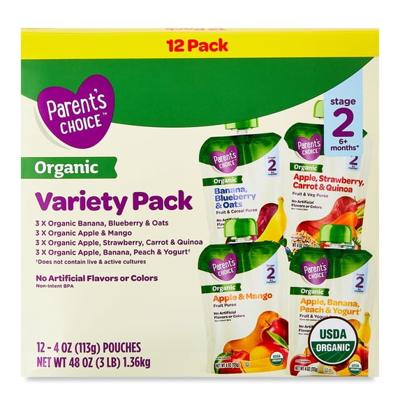 Parent's Choice Organic Stage 2 Baby Food Variety Pack, 4 oz Pouches, 12 Pack