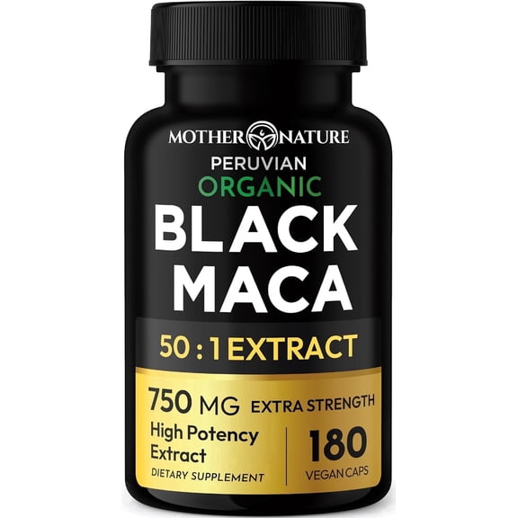 Black Maca Capsules 750mg, Organic Maca Root Supplement for Energy & Stamina, 180 Count