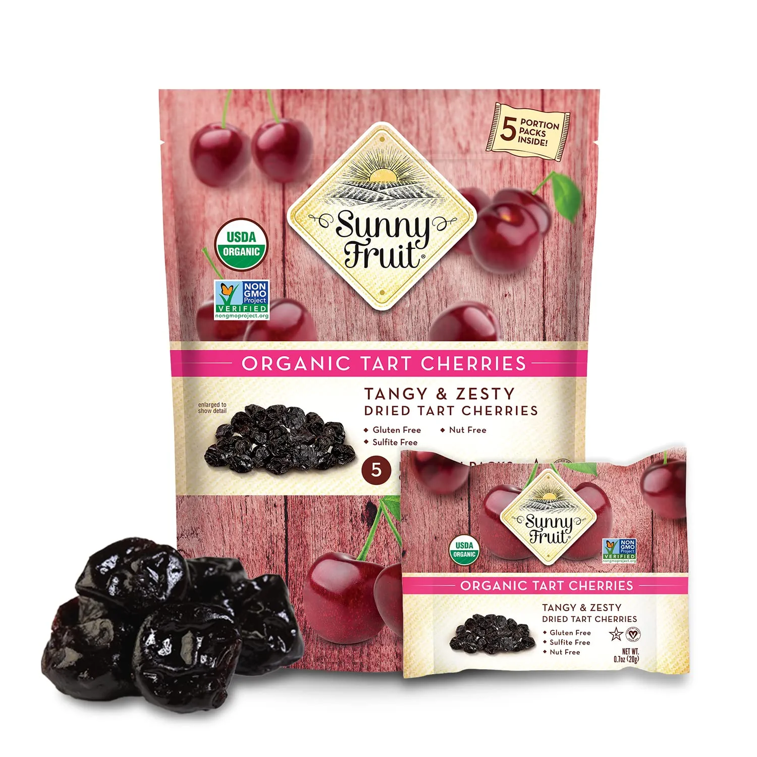 ORGANIC Dried Tart Cherries Sunny Fruit (5) 0.7oz Portion Packs per