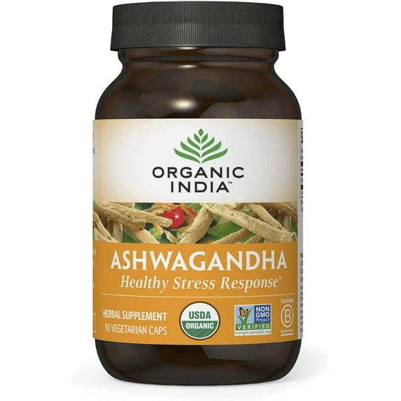 ORGANIC INDIA Ashwagandha Herbal Supplement - Vegan, Gluten-Free, Kosher, USDA Certified Organic, Non-GMO, Supports Mood, Endurance, Vitality & Strength - 90 Capsules