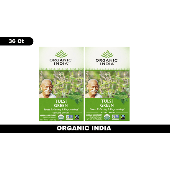 ORGANIC INDIA Tulsi Holy Basil Green Tea Infusion Bags, Green Tea Blend, 18 Count Boxes, Pack of 2